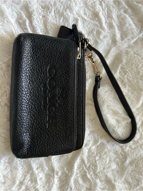 Coach Black Pebbled Leather Wristlet with Gold Hardware